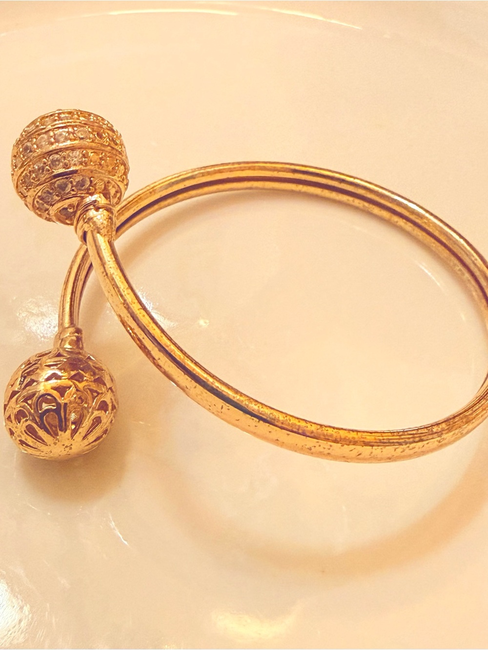Gold Open Cuff Bracelet with Filigree and Crystal Accents